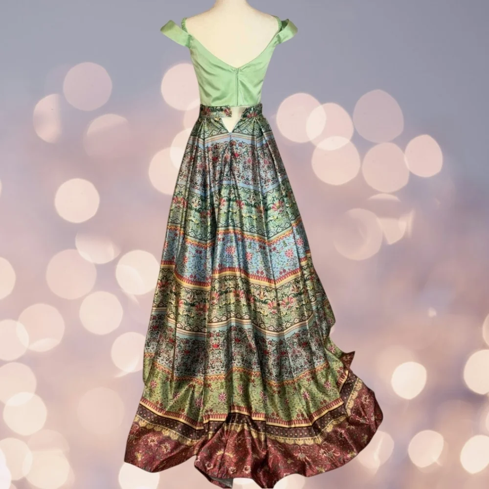 NWT Size 4 Sherri Hill 2-Piece Blue & Green Print Taffeta Ballgown - Picture 6 of 9